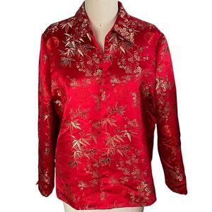 Beautiful Red & Gold Silk? Floral Japanese Kimono Short Open Jacket ~ LARGE ?